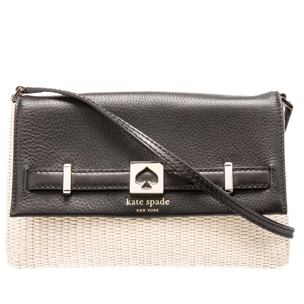 Kate Spade New York Houston Street Loula Black Leather and Straw Crossbody Bag